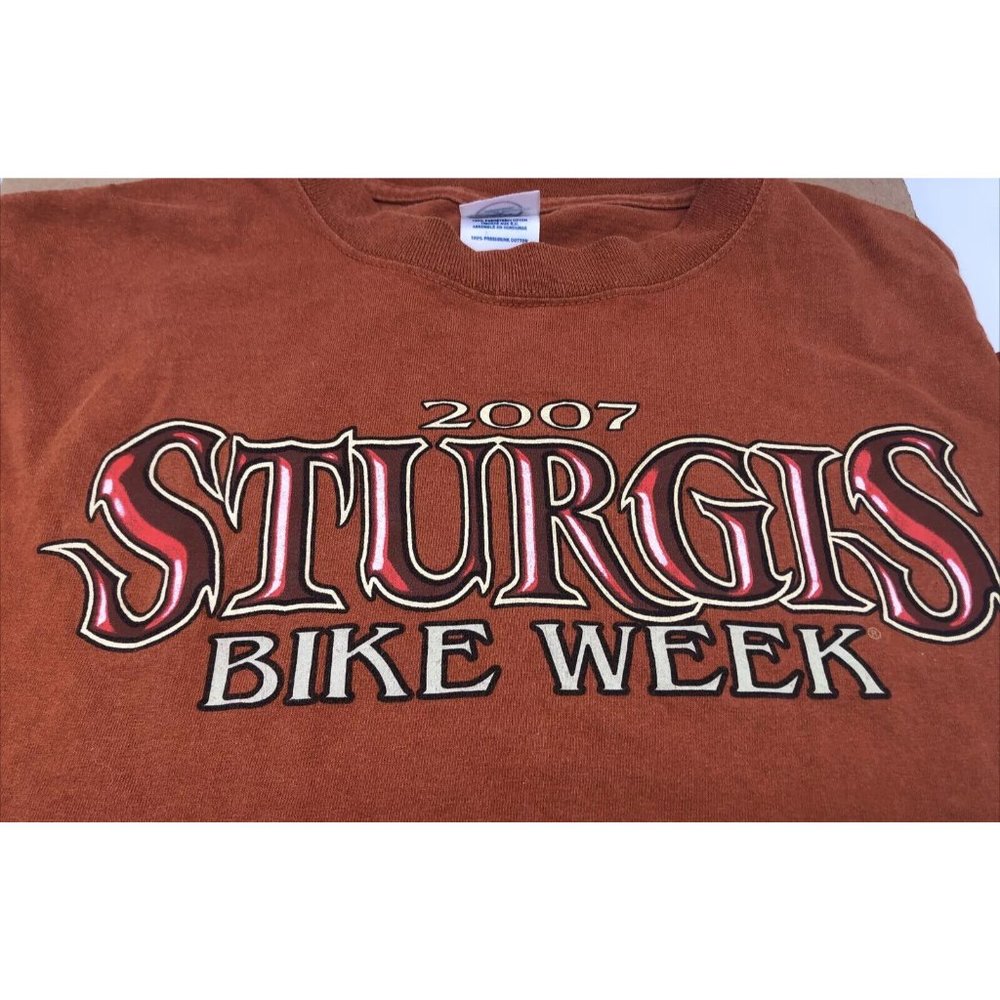 T Shirt Men XL Sturgis Black Hills Biker Rally 2007 Orange Cattle Skull & Eagle - Picture 3 of 12
